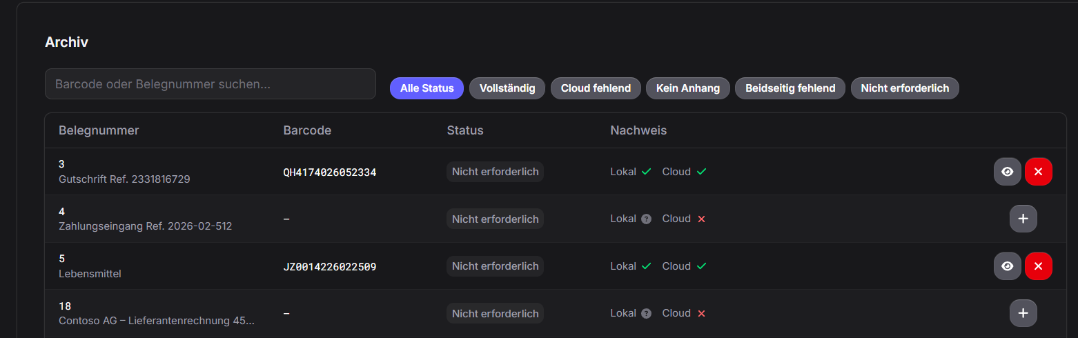Archivliste in X50 AI mit Suche, Statusfiltern und Nachweis für Cloud und lokale Ablage