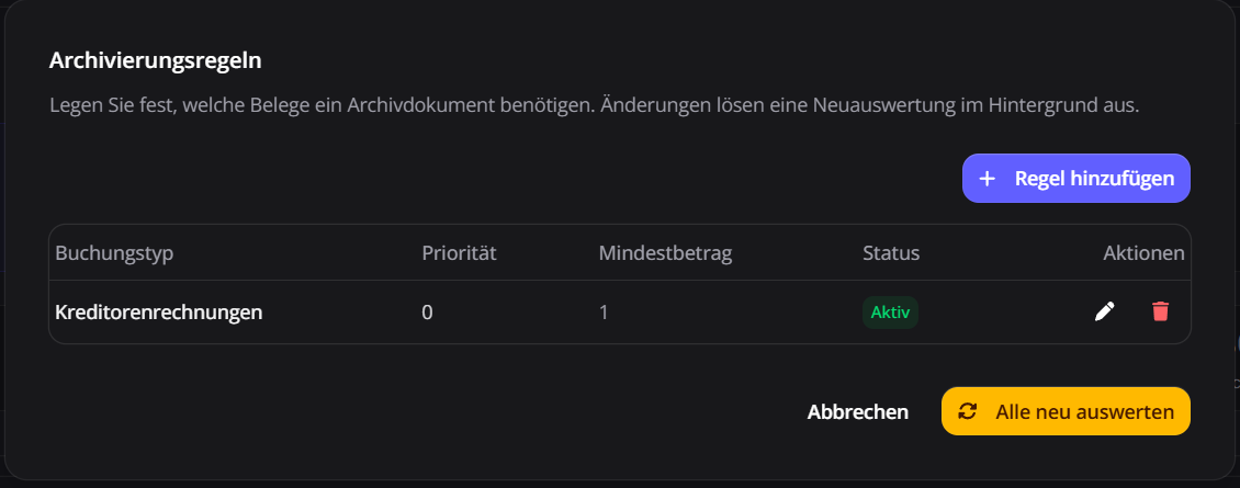 Übersicht der Archivierungsregeln mit Buchungstyp, Priorität, Mindestbetrag und Status