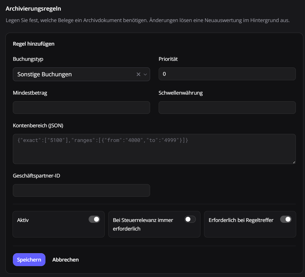 Formular für eine einzelne Archivierungsregel mit Kontenbereich, Mindestbetrag und Steuerrelevanz