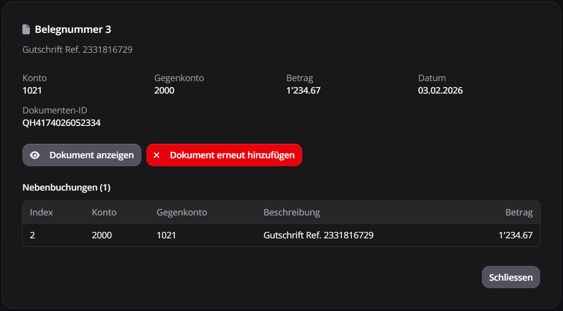 Detailansicht einer Buchung im X50 Archiv mit Konto, Betrag, Dokumenten-ID und Nebenbuchungen